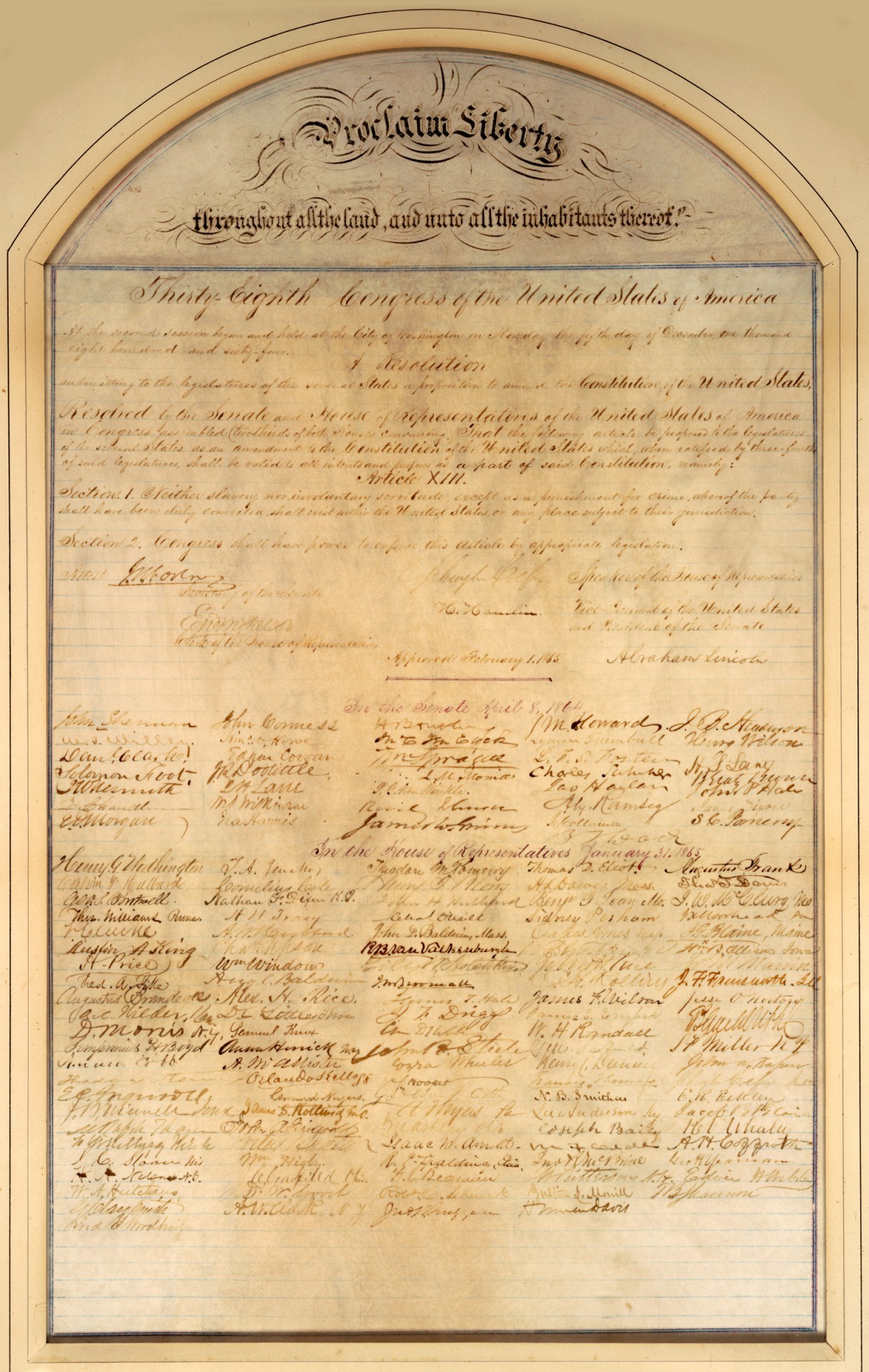 This undated image provided by Cornell University shows the 13th Amendment to the U.S. Constitution. Three historic documents that distinguished Abraham Lincoln's presidency will be put on rare display at Cornell University. An original handwritten copy of the Gettysburg Address and signed copies of the Emancipation Proclamation and the 13th Amendment to the U.S. Constitution will be part of the exhibit at Cornell's Carl A. Kroch Library.