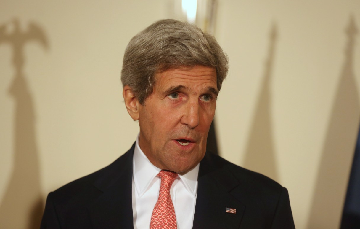 U.S. Secretary of State John Kerry, speaks, during a joint press conference in Kabul, Afghanistan, Saturday, July 12, 2014. U.S. Secretary of State John Kerry says both of Afghanistan's presidential candidates are committed to abiding by the results of the "largest, most comprehensive audit" of the election runoff ballots possible. (AP Photo/Rahmat Gul)