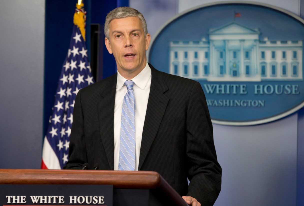 FILE - this July 7, 2014 file photo shows Education Secretary Arne Duncan speaking at the White House in Washington. Duncan said Thursday that states can apply for extra time before they use student test scores to judge teachers' performance. Duncan's decision acknowledges concerns by teachers' unions and others that it's too early to make teacher personnel decisions based on how well students do on new assessments developed under the Common Core standards that will be used in much of the country this school year. (AP Photo/Jacquelyn Martin, File)