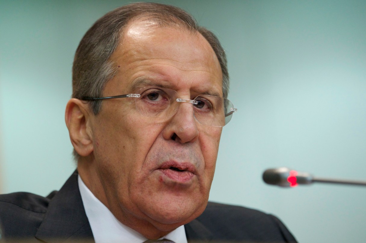 Russia's Foreign Minister Sergey Lavrov speaks at an annual news conference on Russia's foreign policy issues in the Foreign Ministry headquarters in Moscow Wednesday, Jan. 21, 2014. (AP Photo/Ivan Sekretarev)