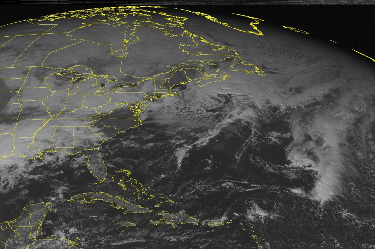 This NOAA satellite image taken Thursday, Jan. 22, 2015 at 12:45 p.m. EST, shows a storm system over the Atlantic Ocean with a back-end surface trough that is causing some snow to develop across parts of southern New England. A larger developing storm system is located just due northwest of the Gulf of Mexico with a large precipitation shield over most of the Lower Mississippi River Valley. This system is expected to impact New England later this week. (AP Photo/Weather Underground)