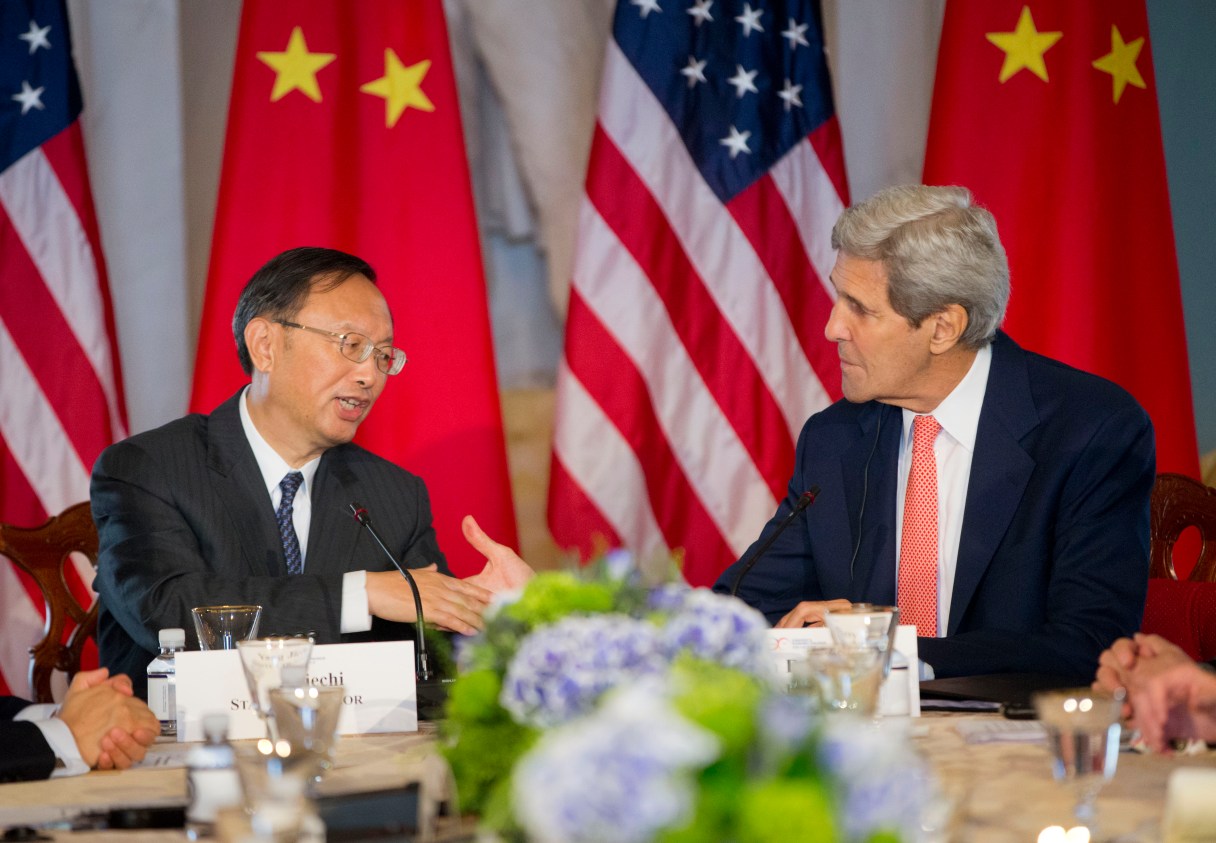 Secretary of State John Kerry shakes hands with China’s State Councilor Yang Jiechi during the Strategic Track Ocean meeting during the US China Strategic and Economic Dialogue (S&ED), Wednesday, June 24, 2015, at the State Department in Washington. (AP Photo/Pablo Martinez Monsivais)