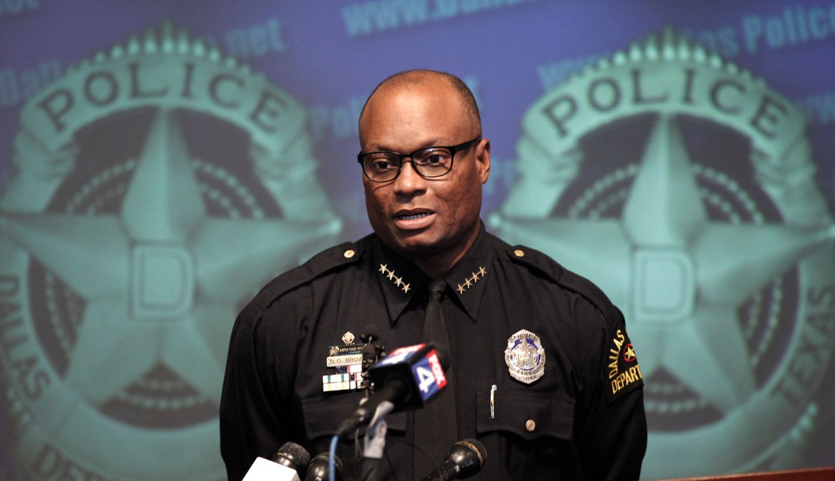 FILE - In this Nov. 17, 2011, file photo, Dallas Police Chief David Brown speaks during a news conference at police headquarters in Dallas. Dallas police say one or more suspects opened fire on police headquarters early Saturday morning, June 13, 2015, rammed a police car and fled to a fast food restaurant just off interstate 45 outside the city where they are engaged in a standoff with police. Police Chief Brown tells a news confrerence that preliminary witness statements suggest there may have been other assailants firing from elevated locations. (AP Photo/LM Otero, File)