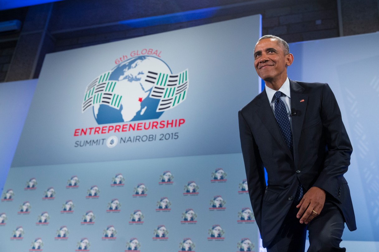 President Barack Obama smiles as he arrives to deliver a speech at the Global Entrepreneurship Summit at the United Nations Compound, Saturday, July 25, 2015, in Nairobi. Obama's visit to Kenya is focused on trade and economic issues, as well as security and counterterrorism cooperation. (AP Photo/Evan Vucci)