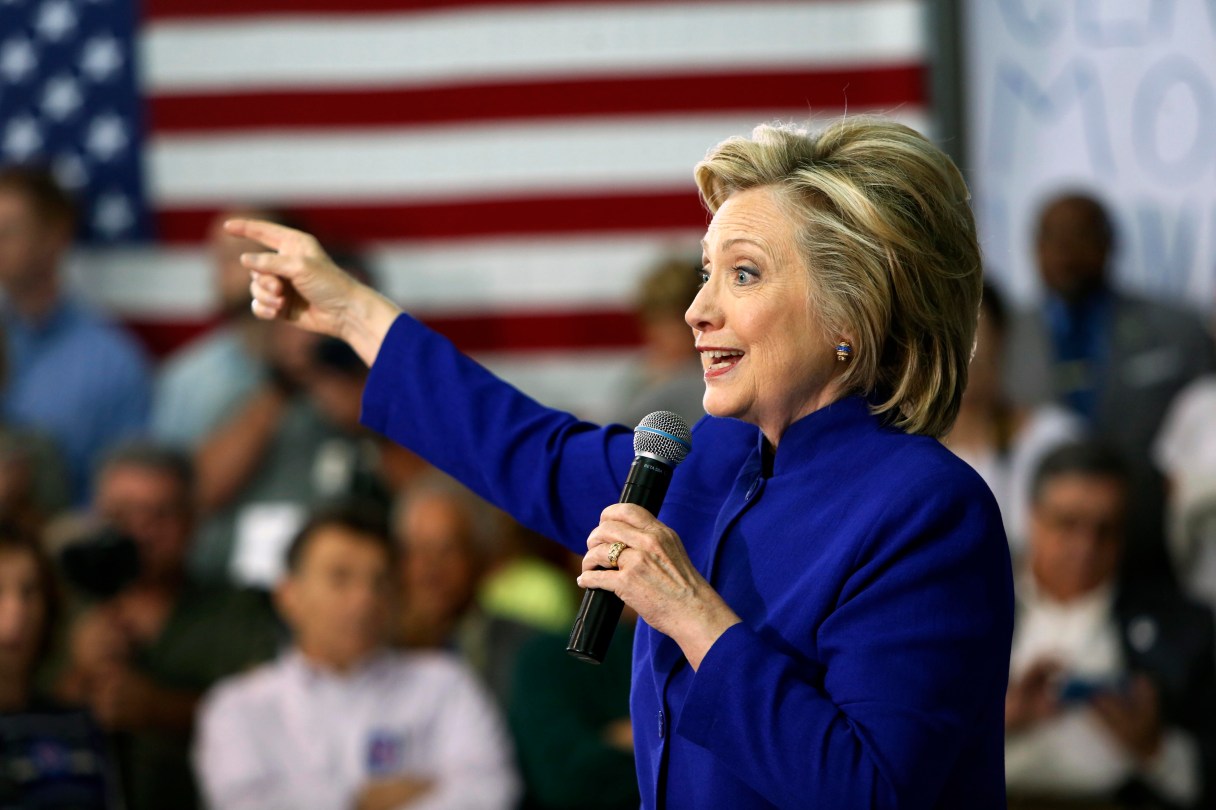Democratic presidential candidate Hillary Rodham Clinton speaks during a campaign stop at River Valley Community College Tuesday, Aug. 11, 2015, in Claremont, N.H. (AP Photo/Jim Cole)