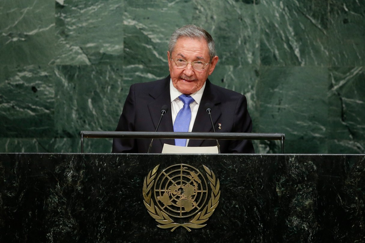 Cuba's President Raul Castro speaks during the 70th session of the United Nations General Assembly at U.N. headquarters Monday, Sept. 28, 2015. (AP Photo/Frank Franklin II)
