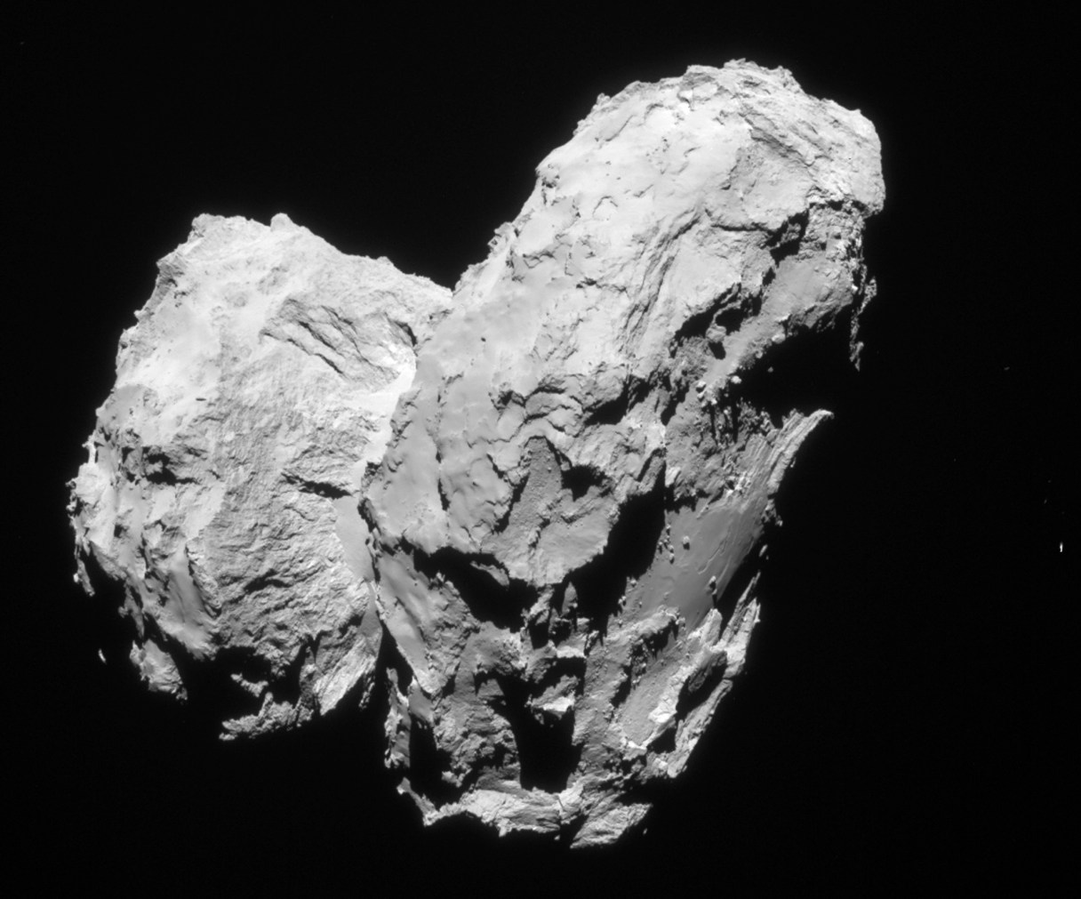 The Aug. 22, 2014 photo taken by the Navcam of the Rosetta space probe and released by European Space Agency ESA on Monday, Sept. 28, 2015 shows Comet 67P/Churyumov–Gerasimenko. Researchers have now concluded that the comet was probably formed when two separate objects collided during the early stages of the Solar System, according to a paper published Monday in the journal Nature. (ESA/Rosetta/Navcam via AP)
