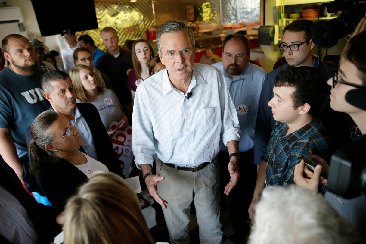 Republican presidential candidate, former Florida Gov. Jeb Bush speaks to supporters during a meet and greet with local residents at Gravy's Diner, Tuesday, Sept. 22, 2015, in Cedar Falls, Iowa. (AP Photo/Charlie Neibergall)