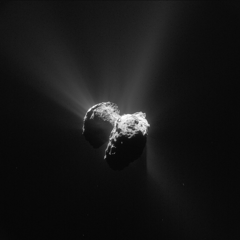 This image, provided by the European Space Agency ESA, taken with ESA/Rosetta Navcam on July 8. 2015 shows the activity from Comet 67P/Churyumov–Gerasimenko at a distance of 152 km and has an image scale of 13 m/pixel and measures 13.3 km across, with the jets of activity reaching the full extent of the field-of-view. Scientists say they have detected significant amounts of molecular oxygen coming out of a comet, an unexpected find that may have implications for our understanding of how the solar system was formed and the search for alien life. (Rosetta Navcam ESA via AP)