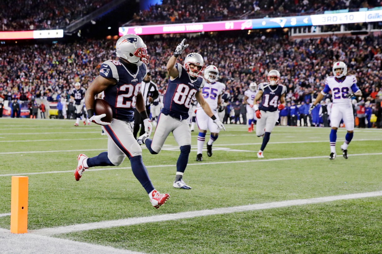 New England Patriots running back James White (28) scores a touchdown as teammate Danny Amendola (80) celebrates in the first half of an NFL football game against the Buffalo Bills, Monday, Nov. 23, 2015, in Foxborough, Mass. (AP Photo/Charles Krupa)