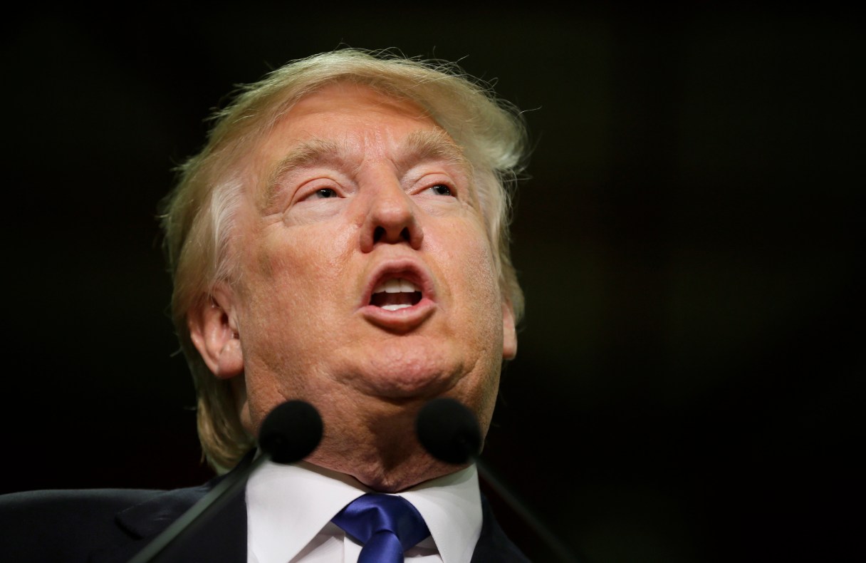 Republican presidential candidate Donald Trump speaks during a campaign rally at Clinton Middle School, Saturday, Jan. 30, 2016, in Clinton, Iowa. (AP Photo/Charlie Neibergall)