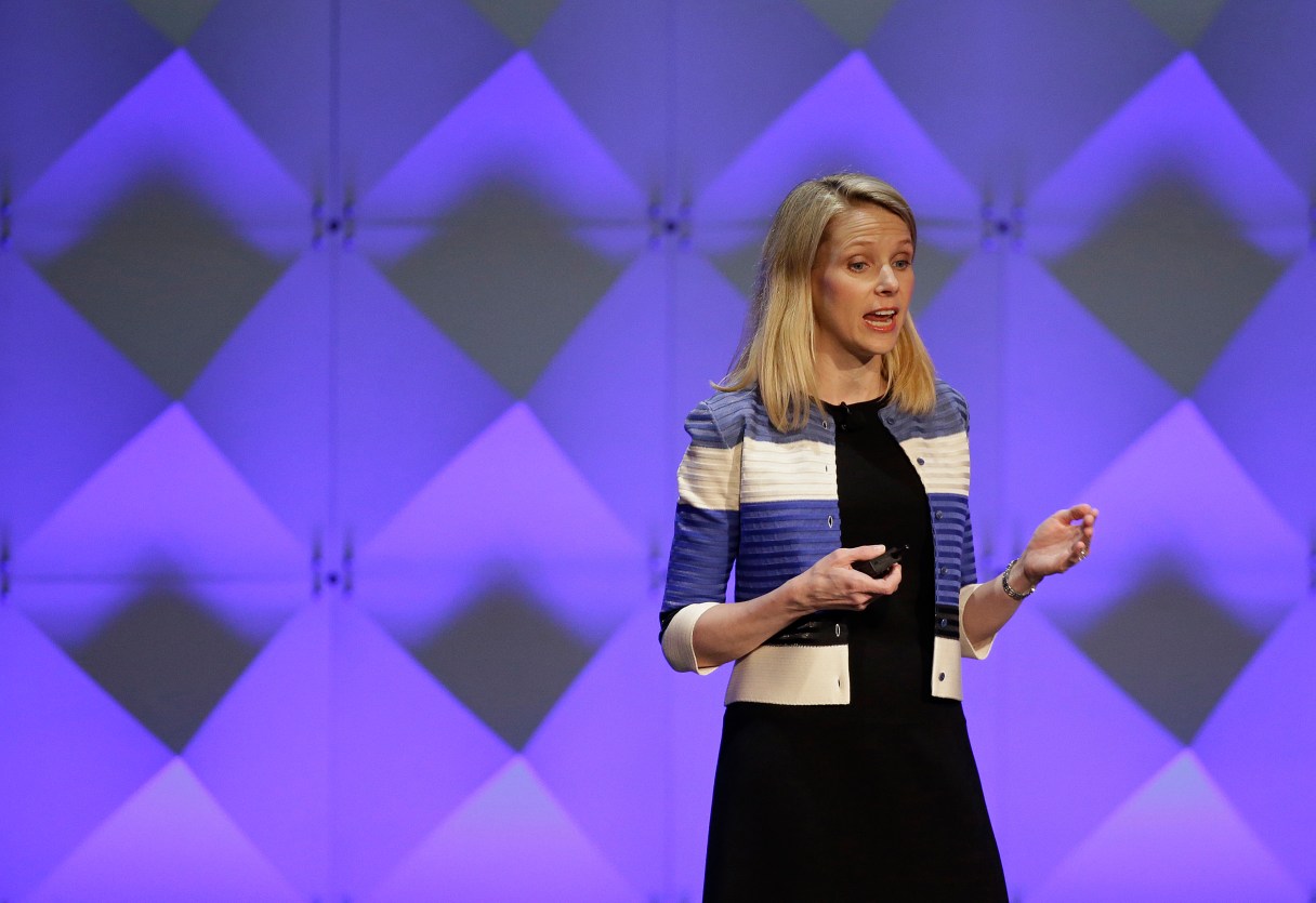 FILE - In this Feb. 18, 2016 file photo, Yahoo CEO Marissa Mayer delivers the keynote address at the Yahoo Mobile Developer Conference in San Francisco. Yahoo’s board is creating a committee of independent directors and hiring a trio of economic advisers in its long-running bid to redefine itself. Shares rose nearly 2 percent before the opening bell Friday, Feb. 19, 2016. (AP Photo/Eric Risberg)