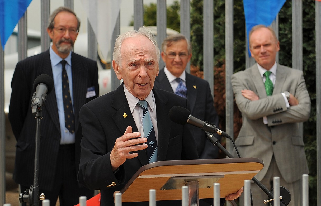 FILE - This Wednesday, Aug. 7, 2013 file photo shows wartime test-pilot Captain Eric "Winkle" Brown in Farnborough, England. Eric "Winkle" Brown, a pilot who flew more kinds of aircraft than anyone in history and was the first person to land a jet on an aircraft carrier, has died. He was 97. Brown's family said he died Sunday, Feb. 21, 2016 at a hospital in southern England after a short illness. Often dubbed Britain's greatest pilot, Brown holds the world record for the most types of aircraft flown - 487 - and for the most carrier deck landings, at 2,407. (Andrew Matthews/PA via AP, file) UNITED KINGDOM OUT - NO SALES - NO ARCHIVE