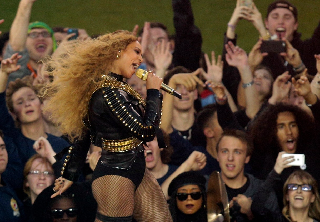 Beyoncé performs during halftime of the NFL Super Bowl 50 football game Sunday, Feb. 7, 2016, in Santa Clara, Calif. (AP Photo/Charlie Riedel)