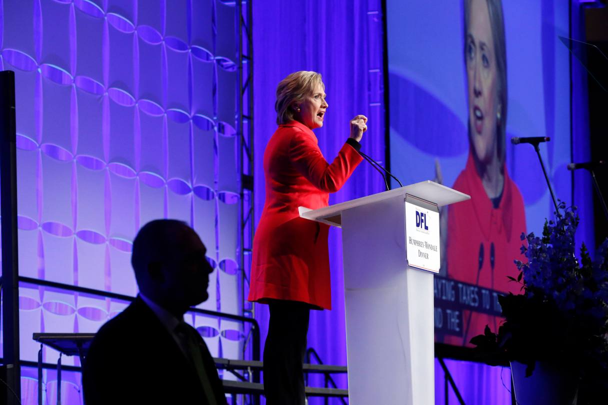 Democratic presidential candidate, Hillary Clinton acknowledges the crowd as she arrives to speak at the state's Democratic-Farmer-Labor (DFL) Humphrey-Mondale dinner, Friday, Feb. 12, 2016, in St. Paul, Minn (AP Photo/Jim Mone)