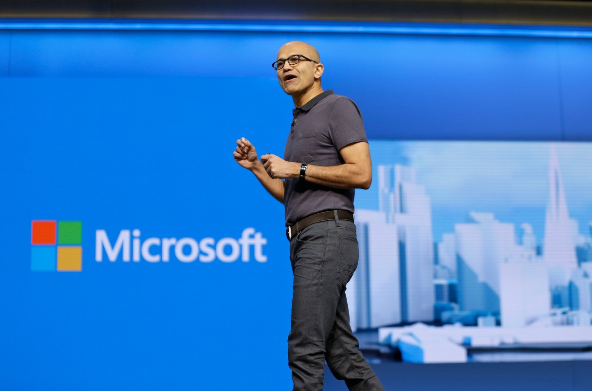 Microsoft CEO Satya Nadella delivers the keynote address at the Microsoft Build Conference, Wednesday, March 30, 2016, in San Francisco. (AP Photo/Eric Risberg)