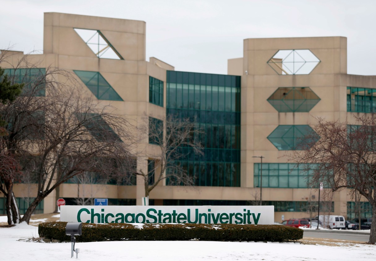 FILE - This Feb. 26, 2016 file photo shows the campus at Chicago State University in Chicago. Officials at the school say they are preparing for possible layoffs in April as the university's funds dwindle. On Monday, March 28, administrator Aleshia Renee Terry asked department chairs to begin collecting keys from faculty, staff, administrators and students "as soon as possible." (AP Photo/Charles Rex Arbogast, File)