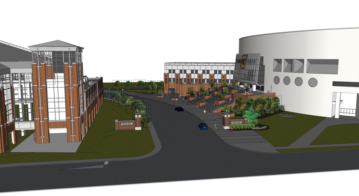 The latest rendering of the proposed UTC athletic facility shows it as a four-story rectangular structure extending from McKenzie Arena.