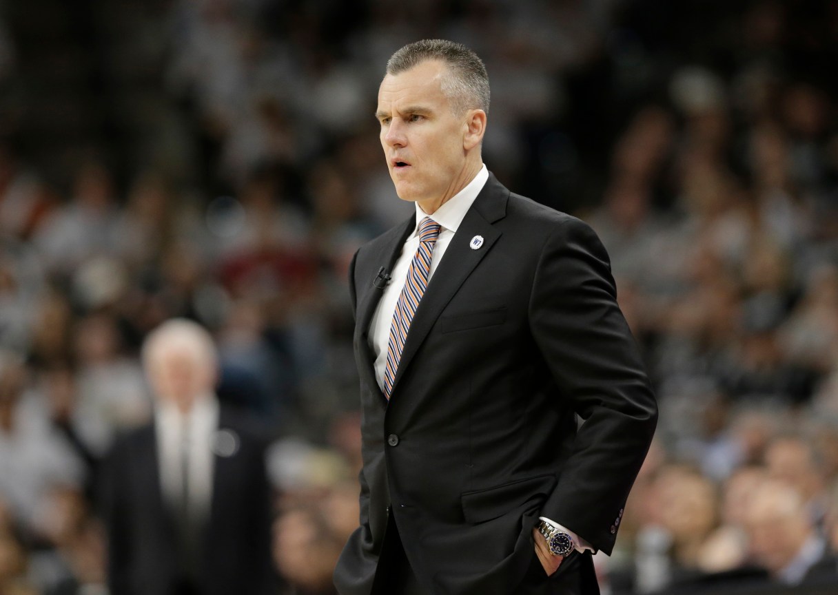 Oklahoma City Thunder head coach Billy Donovan watches his team during the second half in Game 1 of a second-round NBA basketball playoff series against the San Antonio Spurs, Saturday, April 30, 2016, in San Antonio. San Antonio won 124-92. (AP Photo/Eric Gay)
