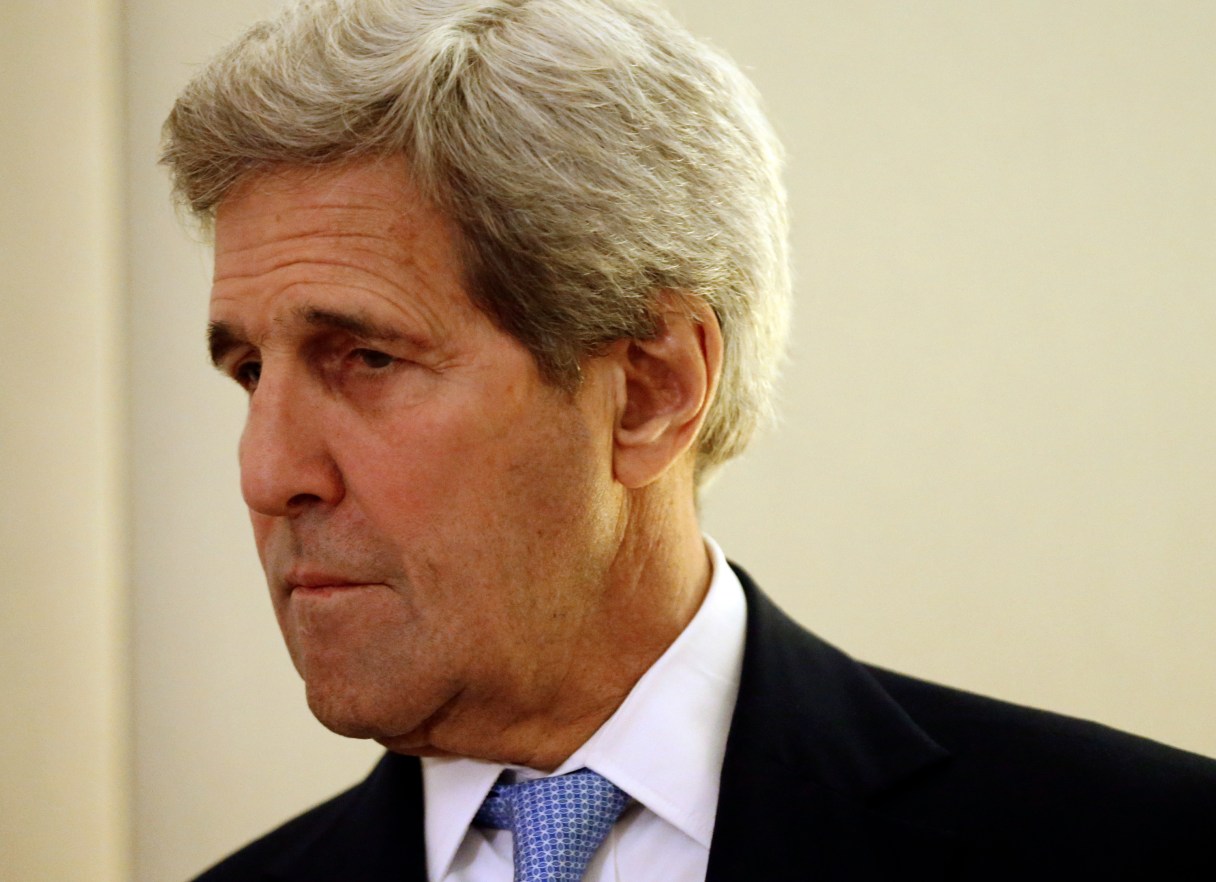 U.S. Secretary of State John Kerry listens as Jordanian Foreign Minister Nasser Judeh, gives a statement to the media during a bilateral meeting on Syria in Geneva, Switzerland, Sunday, May 1, 2016. Kerry has appealed once more to his Russian counterpart for assistance in containing and reducing the violence, particularly around the Syrian city of Aleppo. (Denis Balibouse/Pool via AP)