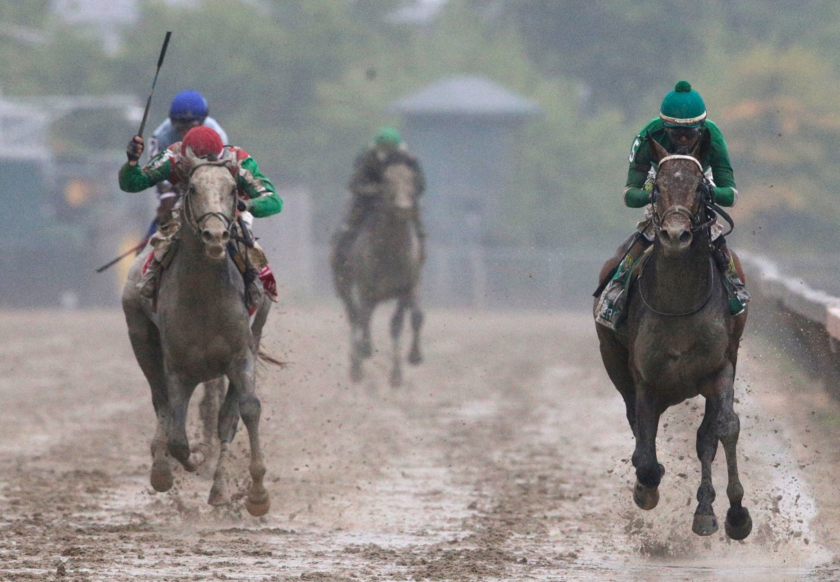 Exaggerator, right, with Kent Desormeaux aboard wins the 141st Preakness Stakes horse race at Pimlico Race Course, Saturday, May 21, 2016, in Baltimore. Cherry Wine, left, with Corey Lanerie aboard places second. (AP Photo/Patrick Semansky)