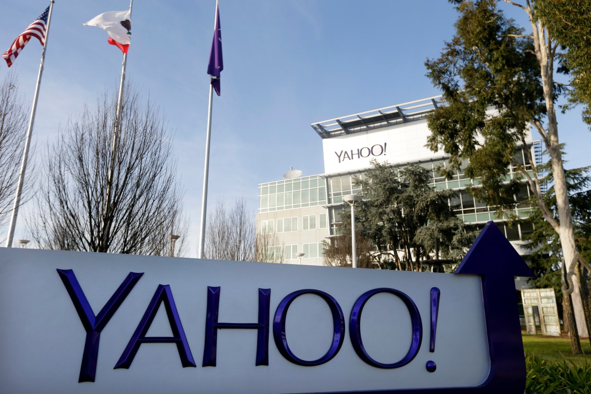 This Jan. 14, 2015, file photo shows a sign outside Yahoo's headquarters in Sunnyvale, Calif.