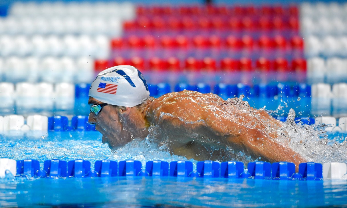 Michael Phelps swims in a men's 200-meter butterfly semifinal at the U.S. Olympic swimming trials, Tuesday, June 28, 2016, in Omaha, Neb. Phelps won the semifinal. (AP Photo/Mark J. Terrill)