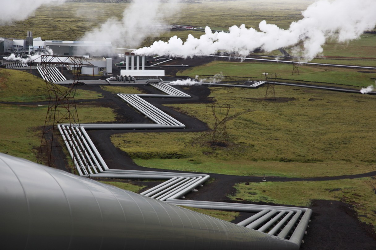 FILE - In this July 28, 2011 file photo, giant ducts carry superheated steam from within a volcanic field to the turbines at Reykjavik Energy's Hellisheidi geothermal power plant in Iceland. Scientists have a found a quick but not cheap way to turn heat-trapping carbon dioxide into harmless rock. Experts say the results of a two-year $10 million experiment called CarbFix about one-third of a mile (540 meters) deep in the rocks of Iceland offers new hope for an effective weapon in part of the fight against man-made global warming. (AP Photo/Brennan Linsley, Fie)
