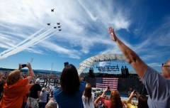 A single jet pulls away from formation to form a missing man formation during a Blue Angels flyby of the Chattanooga Unite Tribute Concert at Ross's Landing on Wednesday, Sept. 16, 2015, in Chattanooga, Tenn. Samuel L. Jackson, a Chattanooga native, emceed the benefit concert for families of victims of the July, 16, shootings at military facilities in Chattanooga.