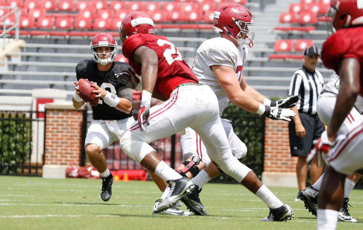 Alabama redshirt junior quarterback Cooper Bateman looks down the field during Saturday's second scrimmage of the preseason.