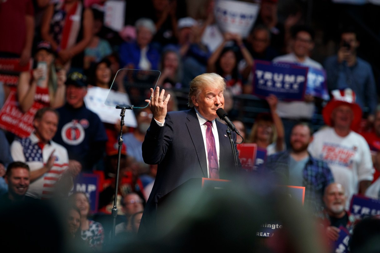 Republican presidential candidate Donald Trump speaks during a campaign rally at Xfinity Arena of Everett, Tuesday, Aug. 30, 2016, in Everett, Wash. (AP Photo/Evan Vucci)