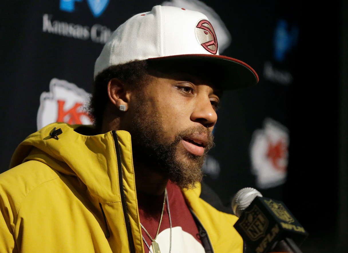 FILE - In this Jan. 16, 2016, file photo, Kansas City Chiefs safety Eric Berry speaks to the media after an NFL divisional playoff football game against the New England Patriots, in Foxborough, Mass. A person familiar with Berry's plans tells The Associated Press that the All-Pro safety will report to practice Sunday, giving him one preseason game to prepare for the season. The person spoke to the AP on condition of anonymity Friday, Aug. 26, 2016, because he wasn't authorized to speak publicly. (AP Photo/Steven Senne, File)