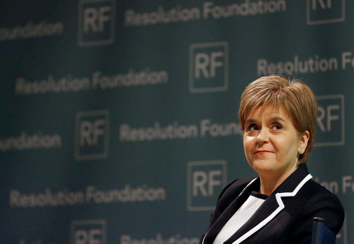 FILE - In this Monday, Feb. 29, 2016 file photo, Nicola Sturgeon, First Minister of Scotland and leader of the Scottish National Party, delivers a keynote address on the benefits of EU membership for work and living standards at an event hosted by the Resolution Foundation at St John's in London. The Scottish government says it will ask Britain's Supreme Court to block Prime Minister Theresa May from triggering European Union exit talks without consulting the Scottish Parliament first., it was reported on Tuesday, Nov. 8, 2016. (AP Photo/Frank Augstein, File)