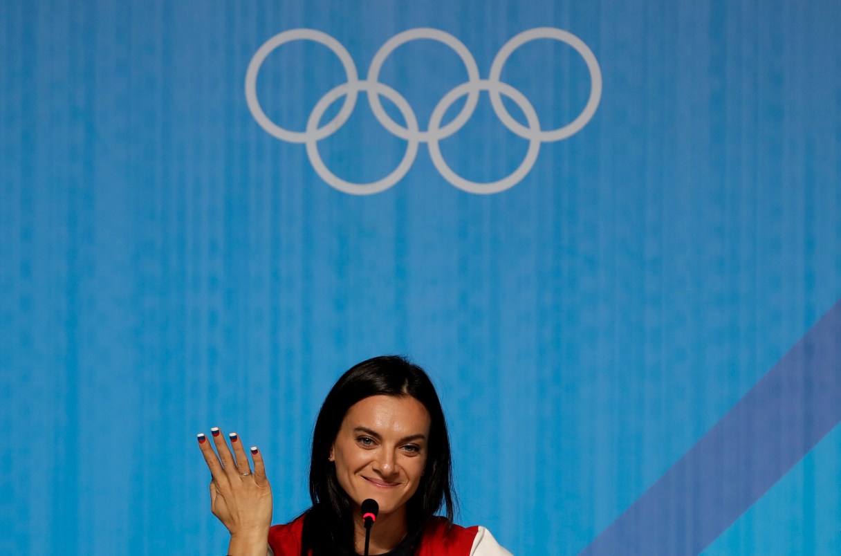 FILE_- In this Friday, Aug. 19, 2016 file photo, Yelena Isinbayeva, Russia's pole vault world record holder, speaks during a news conference at the 2016 Summer Olympics in Rio de Janeiro, Brazil. Former Olympic pole vault champion Yelena Isinbayeva has been chosen to chair the new supervisory board of the Russian anti-doping agency, which is struggling to recover its reputation after repeated doping scandals. (AP Photo/Gregory Bull, File)