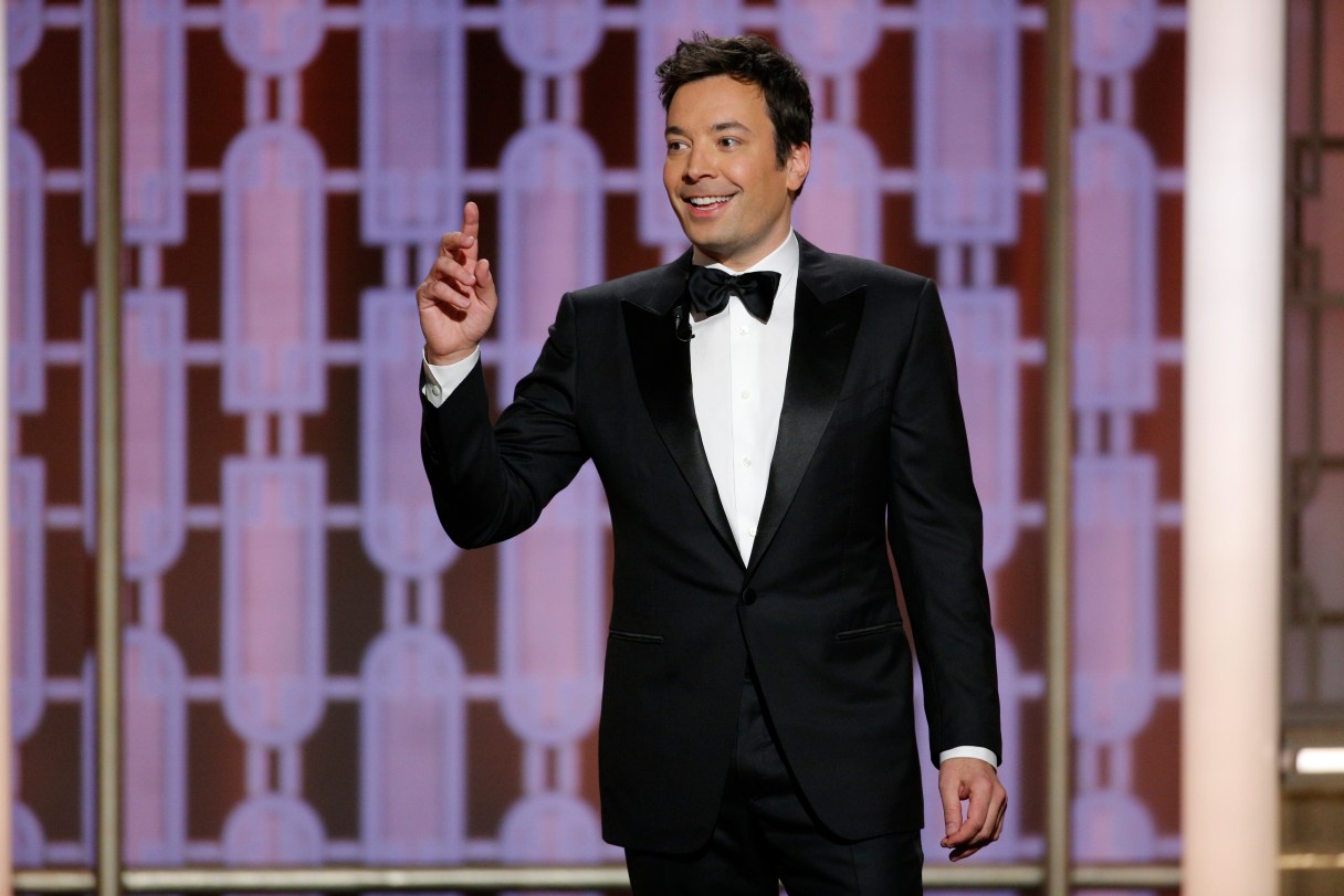 This image released by NBC shows host Jimmy Fallon at the 74th Annual Golden Globe Awards at the Beverly Hilton Hotel in Beverly Hills, Calif., on Sunday, Jan. 8, 2017. (Paul Drinkwater/NBC via AP)