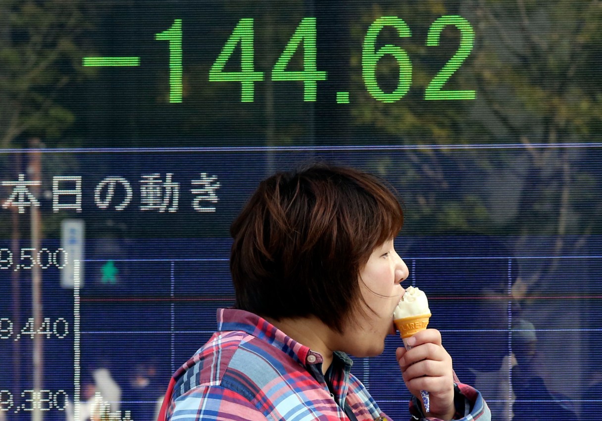 A woman eats a soft serve ice cream cone while walking by an electronic stock board of a securities firm in Tokyo, Monday, Jan. 30, 2017. Shares fell in Japan and Australia on uncertainty over the potential impact of U.S. President Donald Trump's travel ban on seven Muslim-majority countries and other immigration actions. (AP Photo/Koji Sasahara)