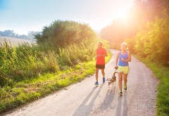 Active seniors running with their dog outside in green nature