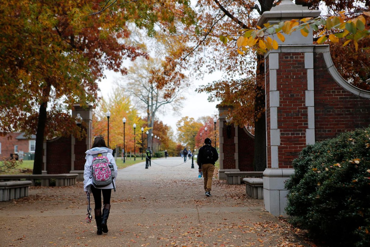 Students walk across the campus of the University of Tennessee at Chattanooga.