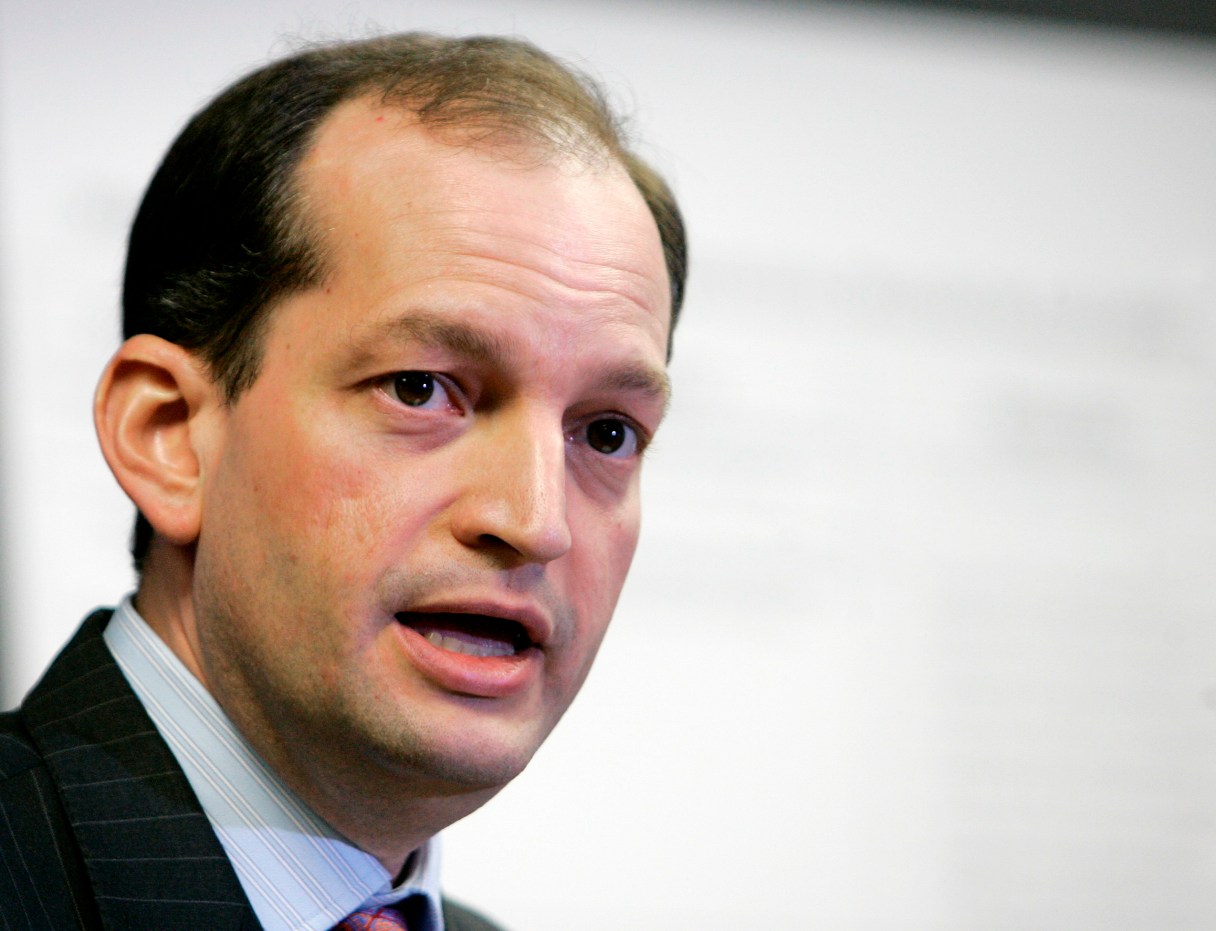 FILE - In this Jan. 16, 2008 file photo, R. Alexander Acosta talks to reporters during a news conference in Miami. Labor Secretary nominee Acosta is facing questions Wednesday, March 22, 2017, about how, exactly, he would back up American workers when his record, even at the agency, provides few clues. (AP Photo/Alan Diaz, File)