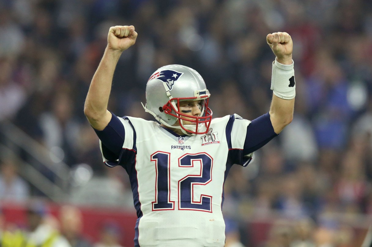 FILE - In this Feb. 5, 2017, file photo, New England Patriots quarterback Tom Brady celebrates a touchdown against the Atlanta Falcons during Super Bowl 51 in Houston. Tom Brady's missing jersey from the Super Bowl has been found in the possession of a member of the international media. The NFL said in a statement Monday, March 20, 2017 that his jersey was found through the "cooperation of the NFL and New England Patriots' security teams, the FBI and other law enforcement authorities."
(AP Photo/Gregory Payan, File)