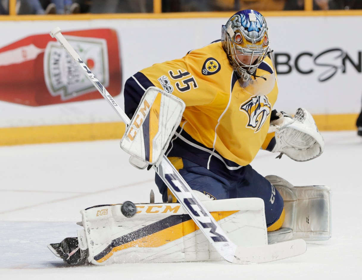 Nashville Predators goalie Pekka Rinne (35), of Finland, stops a shot against the Anaheim Ducks during the first period in Game 6 of the Western Conference final in the NHL hockey Stanley Cup playoffs Monday, May 22, 2017, in Nashville, Tenn. (AP Photo/Mark Humphrey)