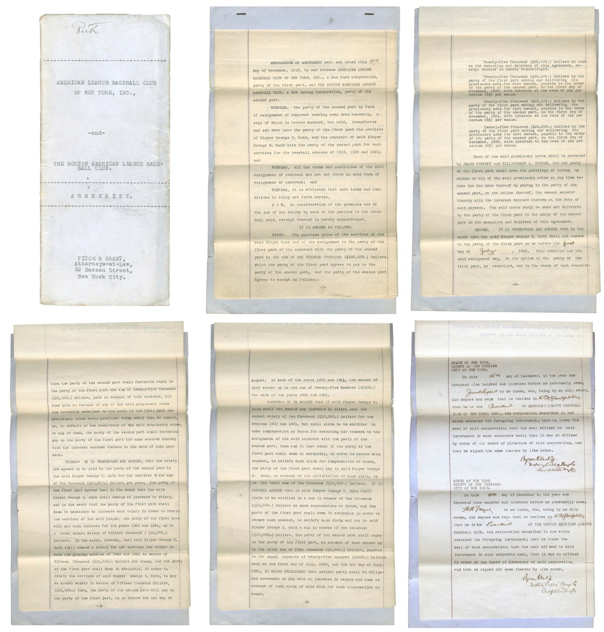 These undated images provided by Lelands.com, shows pages of the New York Yankees' copy of the 1919 agreement between the Yankees and Boston Red Sox for baseball player Babe Ruth. The 1919 sale of Ruth from the Red Sox to Yankees contract headlines Lelands.com 1st Annual Invitational Auction, which closes June 30. (Michael Pascucci/Lelands.com via AP)