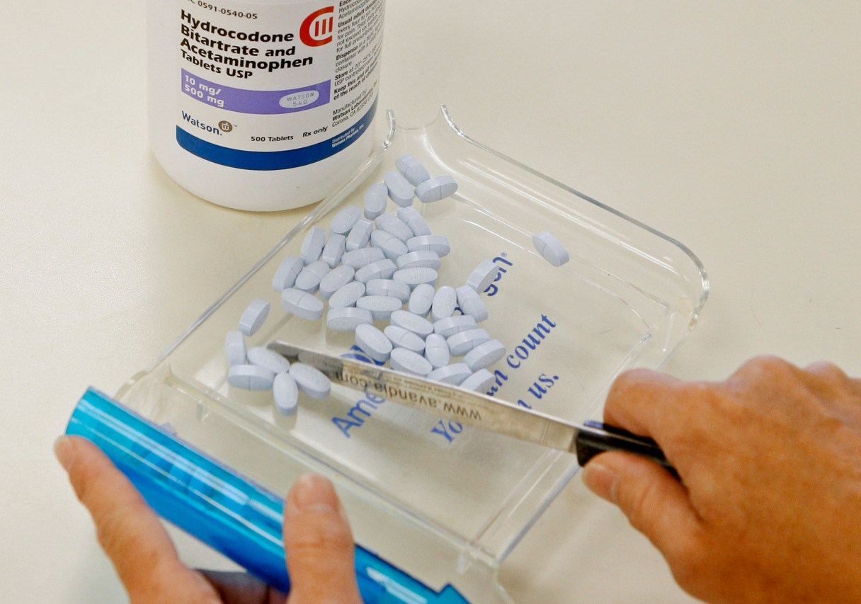 FILE - In this Aug. 5, 2010 file photo, a pharmacy tech poses for a picture with hydrocodone bitartrate and acetaminophen tablets, the generic version of Vicodin in Edmond, Okla. A report released Wednesday, May 31, 2017 traces how a short letter in a medical journal in 1980 helped sow the seeds of today's opioid epidemic by helping to convince doctors that these powerful painkillers carried less risk of addiction than they actually do. (AP Photo/Sue Ogrocki, File)