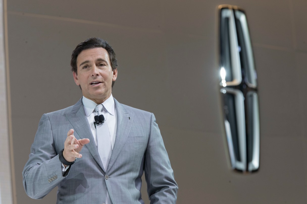 FILE - In this April 12, 2017 file photo, Ford Motor Co. President and CEO Mark Fields speaks during a media preview of the 2018 Lincoln Navigator at the New York International Auto Show in New York. Ford is replacing its CEO amid questions about its current performance and future strategy, a person familiar with the situation has said. Fields will be replaced by Jim Hackett, who joined Ford’s board in 2013. (AP Photo/Mary Altaffer, File)