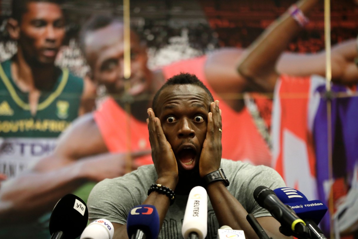 Jamaica's sprinter Usain Bolt grimaces during a press conference prior Golden Spike Athletic meeting in Ostrava, Czech Republic, Monday, June 26, 2017. Bolt will compete in the 100 meters at the Golden Spike on Wednesday, June 28, 2017. (AP Photo/Petr David Josek)