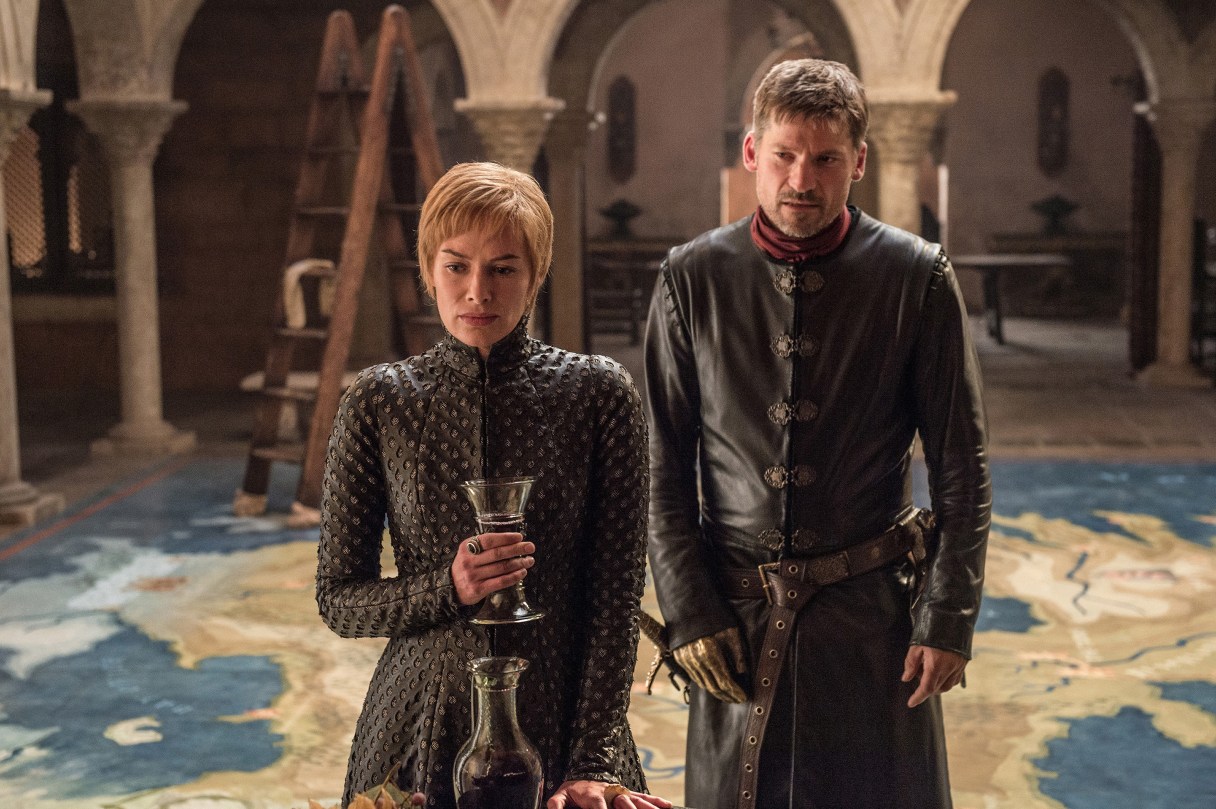 This image released by HBO shows Lena Headey, left, and Nikolaj Coster-Waldau in "Game of Thrones," which premiered its seventh season on Sunday, July 16. (Helen Sloan/HBO via AP)