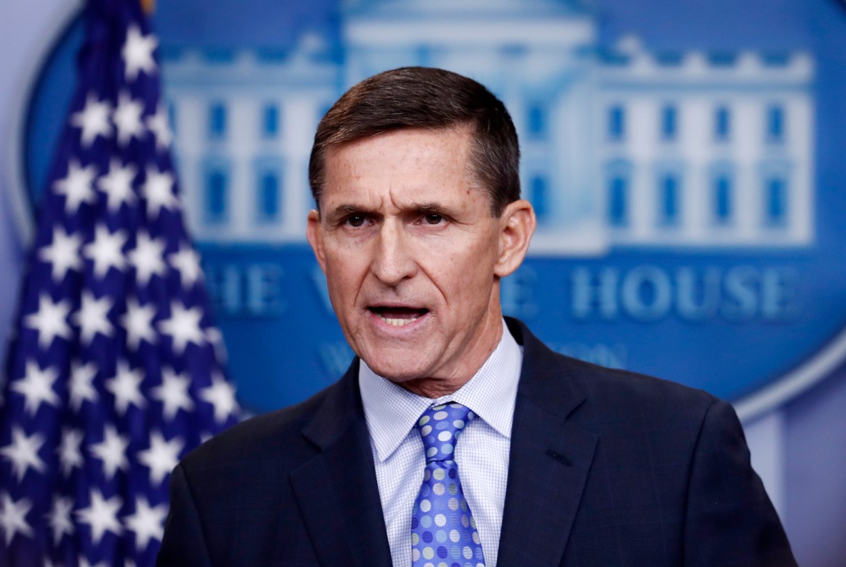 FILE - In this Feb. 1, 2017 file photo, National Security Adviser Michael Flynn speaks during the daily news briefing at the White House, in Washington. A firm connected to a data mining and analysis company says former national security adviser Michael Flynn considered taking an advisory role shortly before Election Day. SCL Group tells The Associated Press that Flynn signed a “statement of work” with Cambridge Analytica about “possible advisory work.” But the company says Flynn didn’t take the position after Trump won the presidency. (AP Photo/Carolyn Kaster)