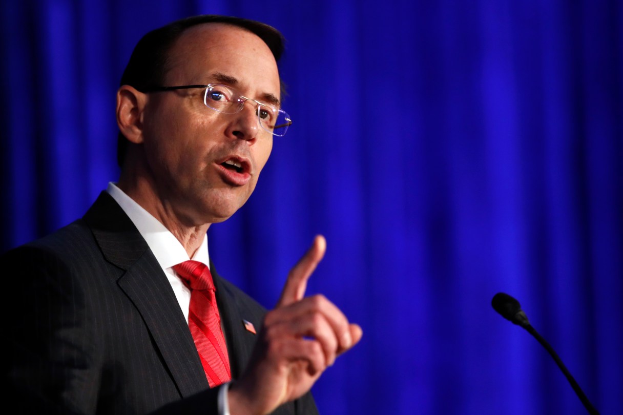 FILE - In this June 20, 2017 file photo, Deputy Attorney General Rod Rosenstein speaks in Bethesda, Md. The Justice Department is reviving work to develop federal standards for what federal forensic experts can say in court and plans to create a program to monitor the accuracy of forensic testimony. (AP Photo/Jacquelyn Martin, File)