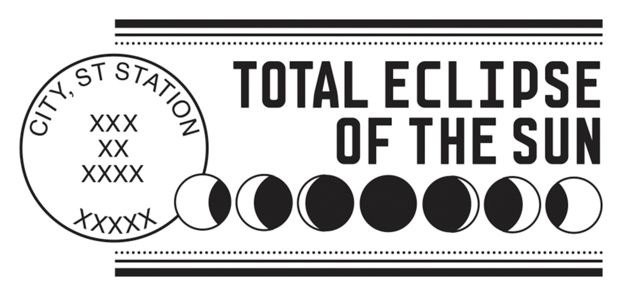 This undated image provided by the United States Postal Service on Friday, Aug. 18, 2017 shows a template of a postmark commemorating the Aug. 21, 2017 solar eclipse over the United States. More than 110 USPS offices in or near the path of the full eclipse, will offer special postmarks for the celestial event. (USPS via AP)