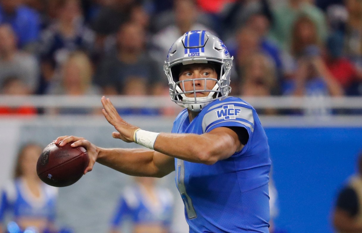 Detroit Lions quarterback Matthew Stafford looks downfield during the first half of the team's NFL preseason football game against the New England Patriots, Friday, Aug. 25, 2017, in Detroit. (AP Photo/Rick Osentoski)